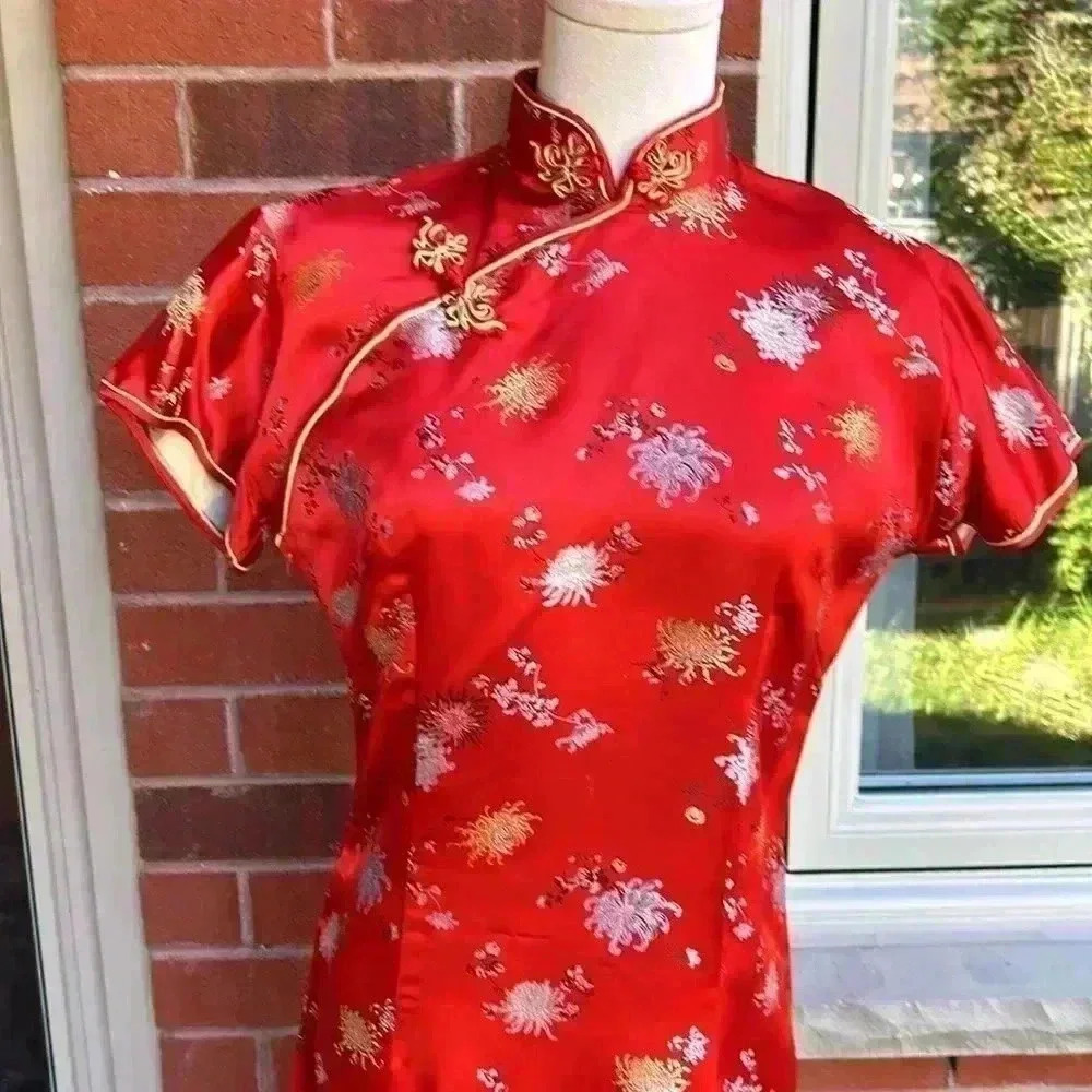Vintage Silky Red  Cheongsam Maxi Dress with Side Slit